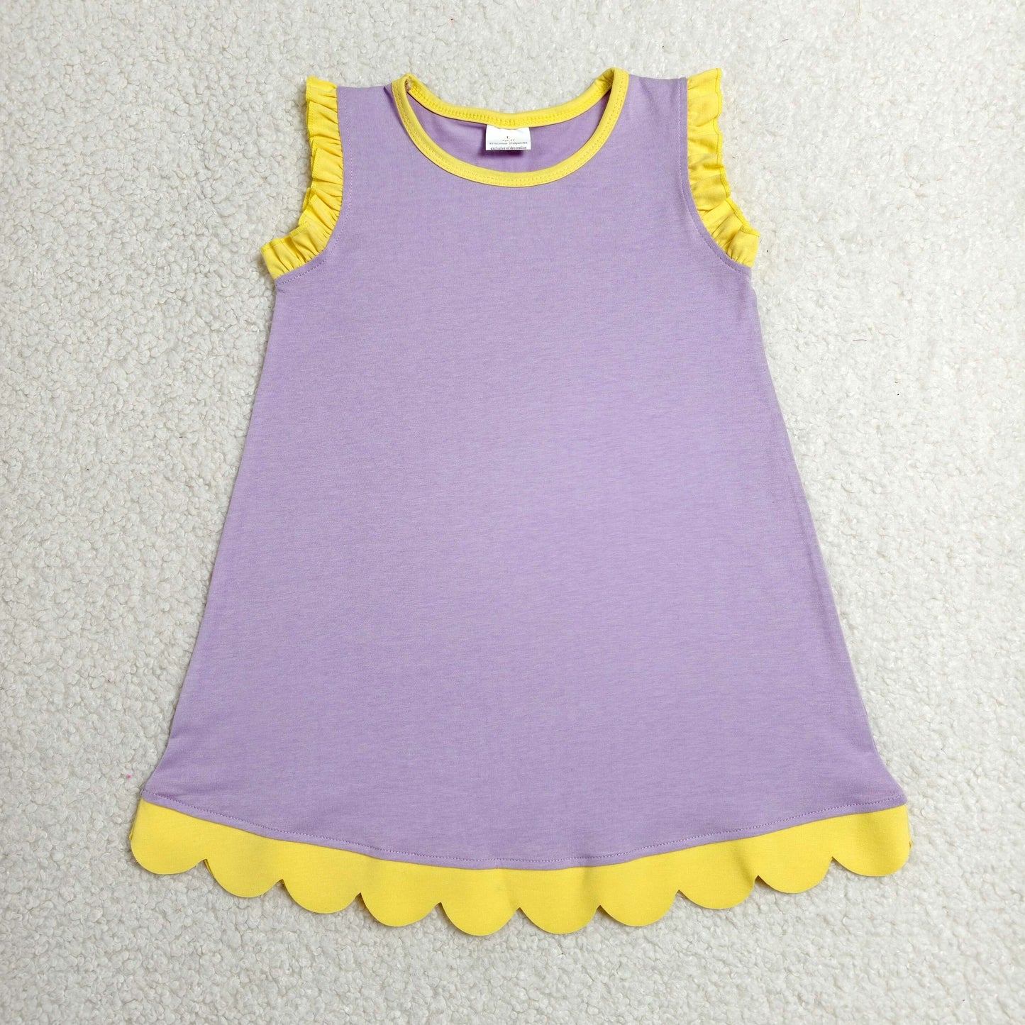 solid purple and yellow scallop dress