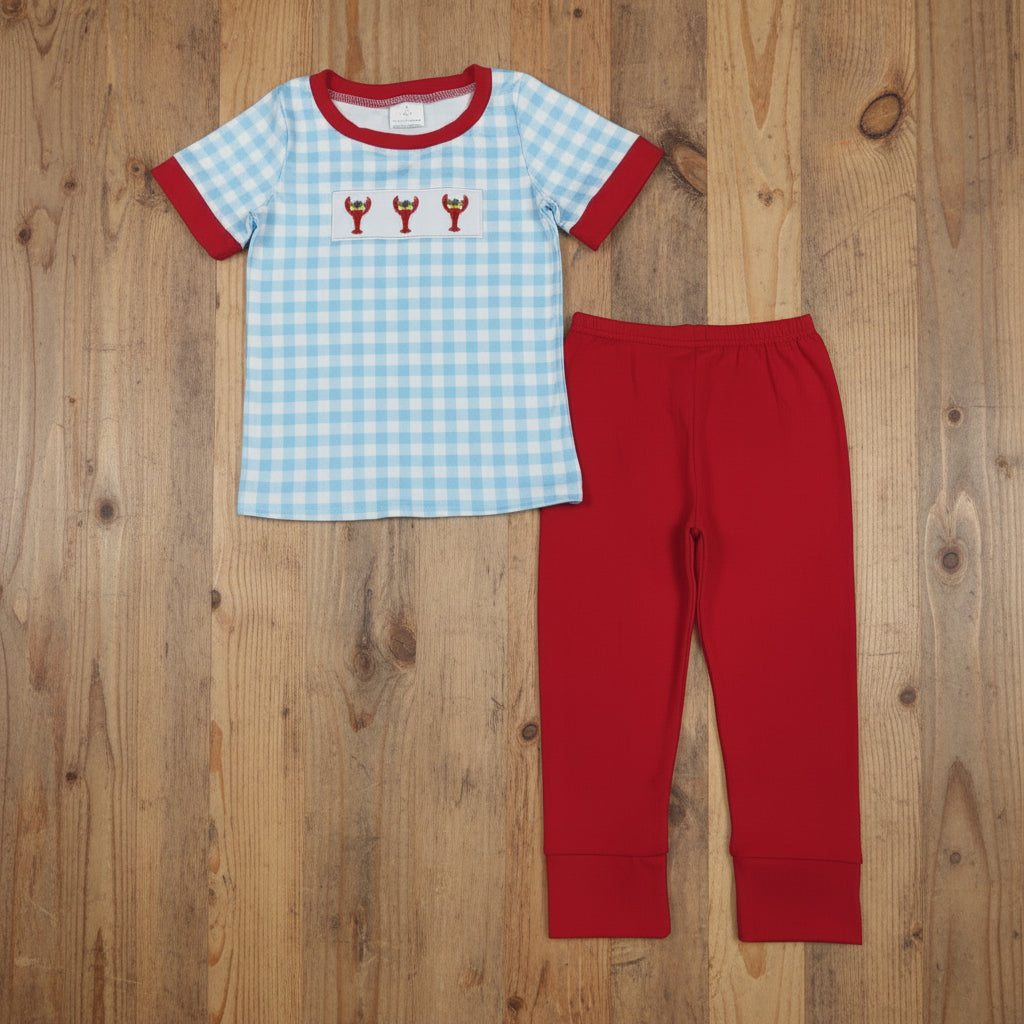 plaid mardi gras crawfish embroidery boy pants set