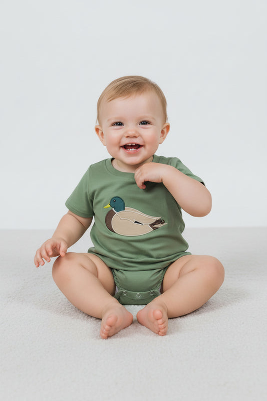 SR3444 duck embroidery green romper baby boy clothes