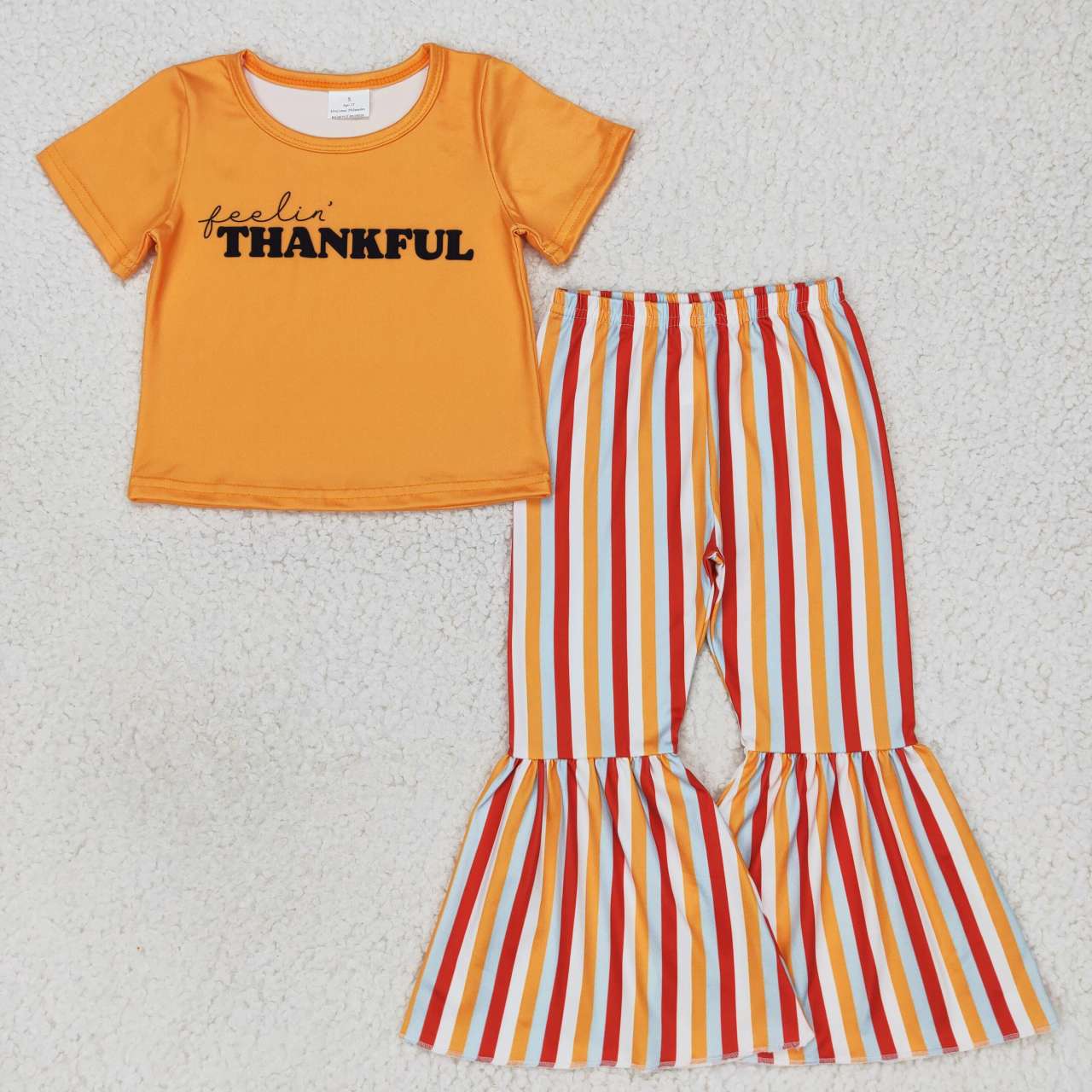 GSPO0883 thankful letter orange short-sleeved blue and red striped bell-bottom trousers suit