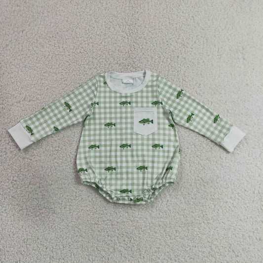 long sleeve green gingham with fish boys romper