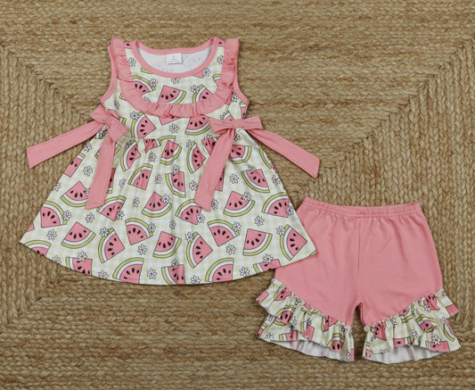 sleeveless pink watermelon ruffle shorts set