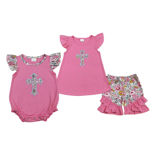 Sibling floral easter cross embroidery bubble and shorts set