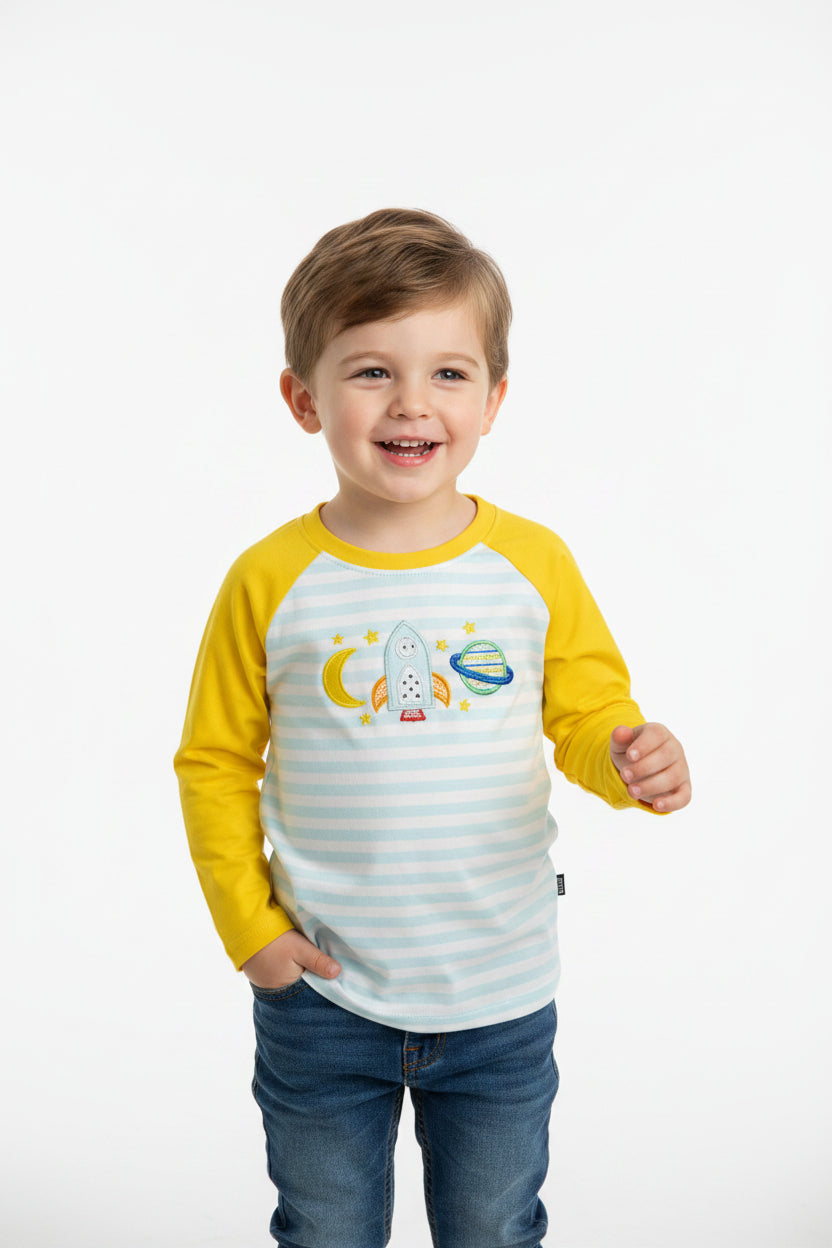 long sleeve rocket space embroidery boy raglan shirt