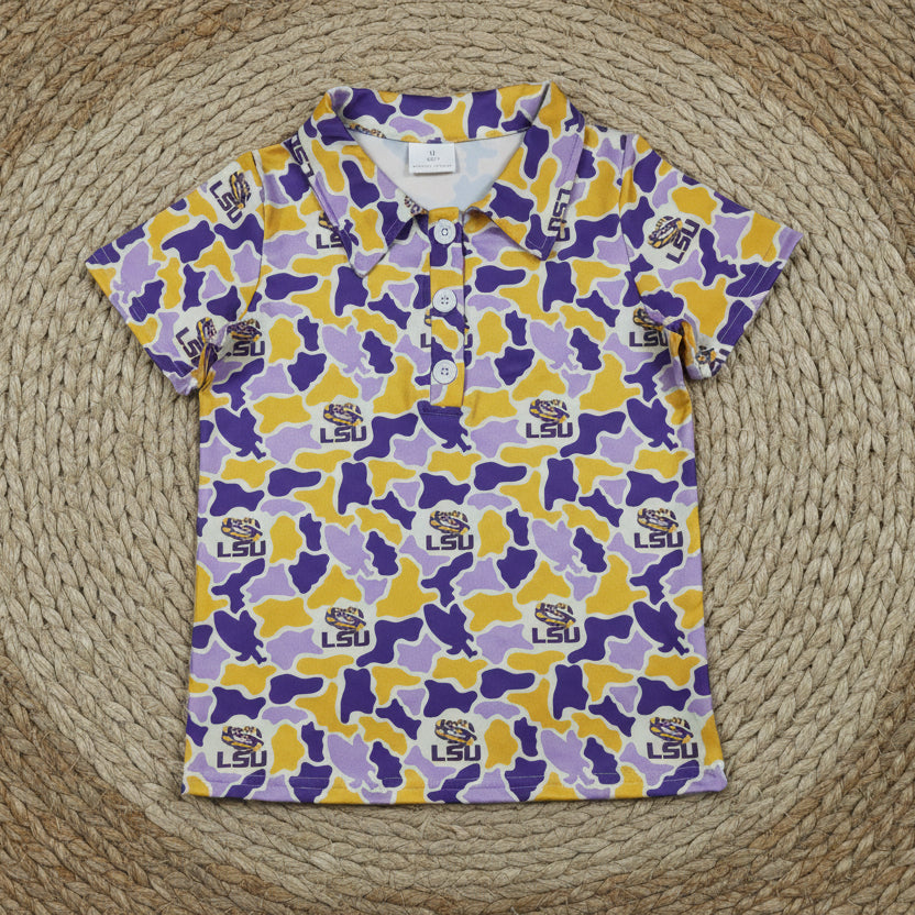 LSU purple gold camo team button polo t-shirt boy clothing