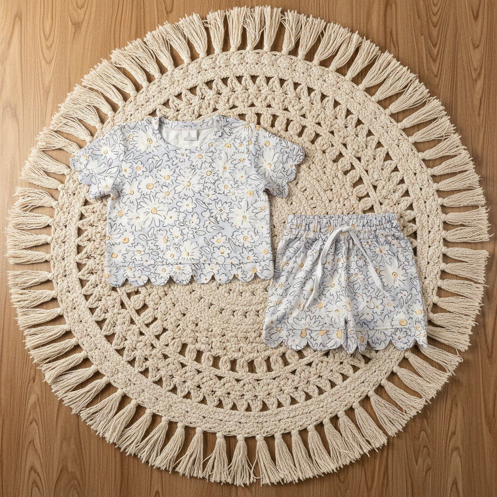 white daisy flower floral shell scallop shorts set