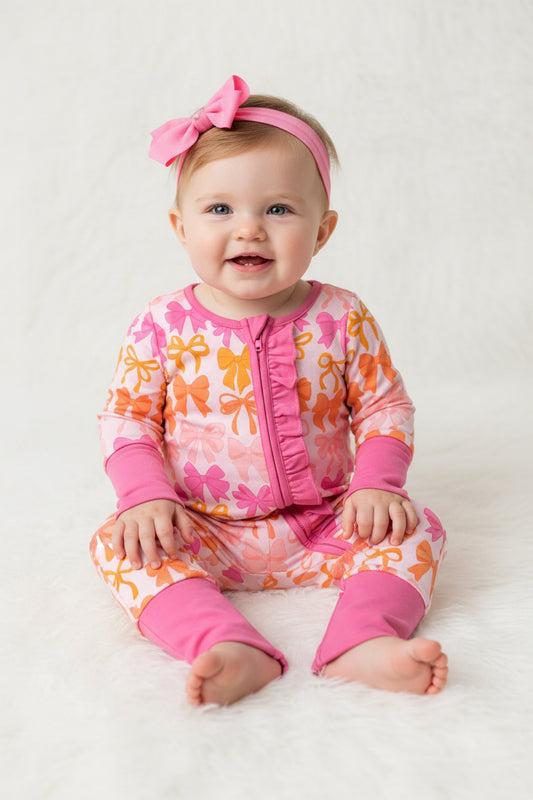 LR2567 long sleeve orange coquette bow ruffle zipper sleeper fall baby clothing