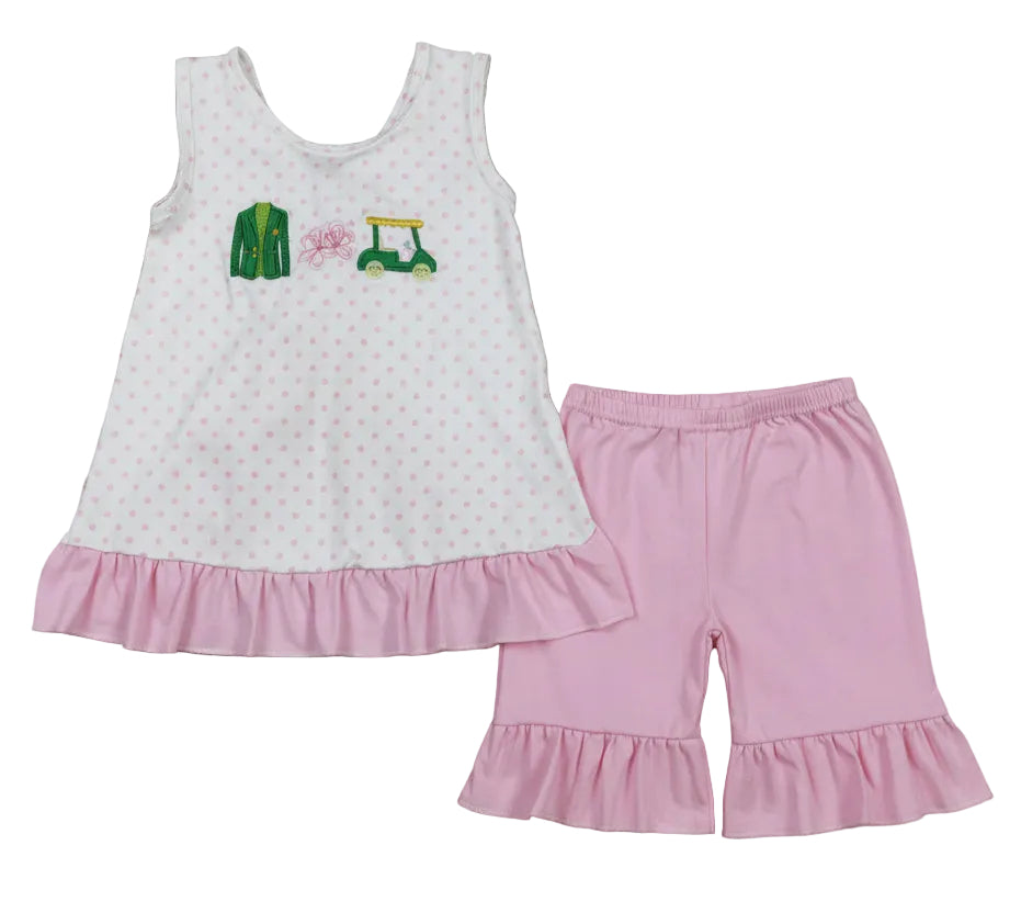 pink golf embroidery girl shorts set