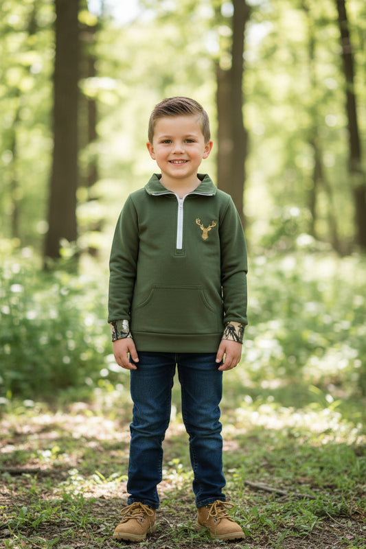 olive zip up pullover with deer embroidery girls top