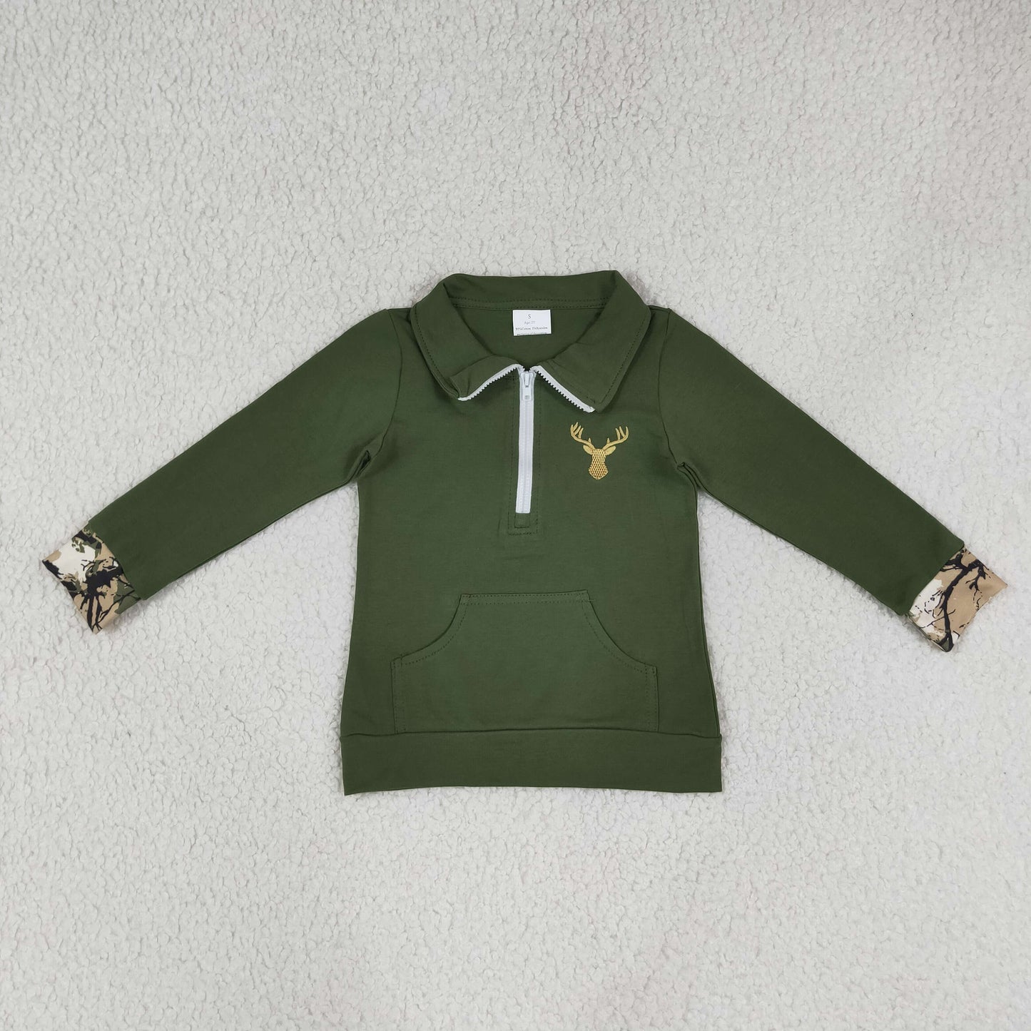olive zip up pullover with deer embroidery girls top