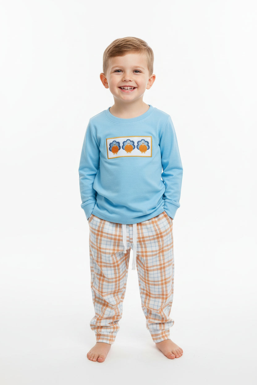 blue embroidery turkey shirt plaid joggers boy outfit