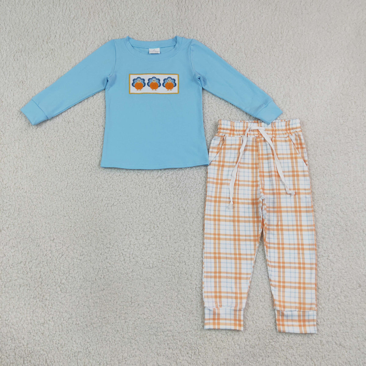 blue embroidery turkey shirt plaid joggers boy outfit