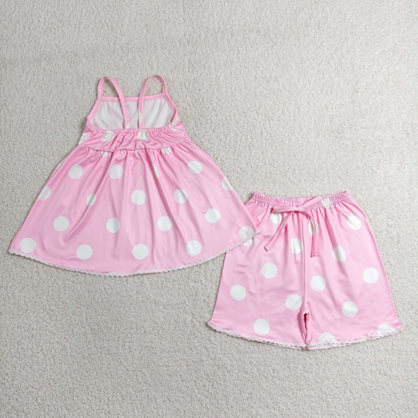 white dots on pink suspender shorts set