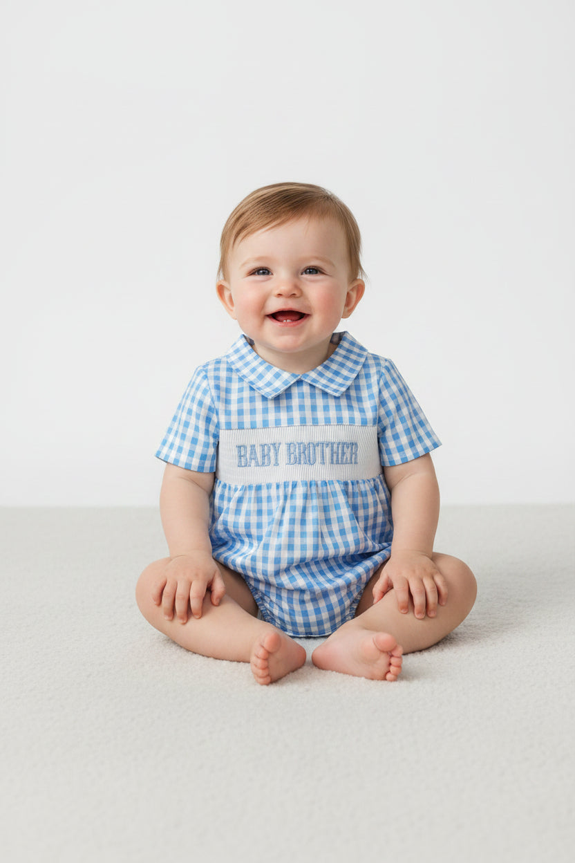 blue gingham baby brother smock bubble boy romper