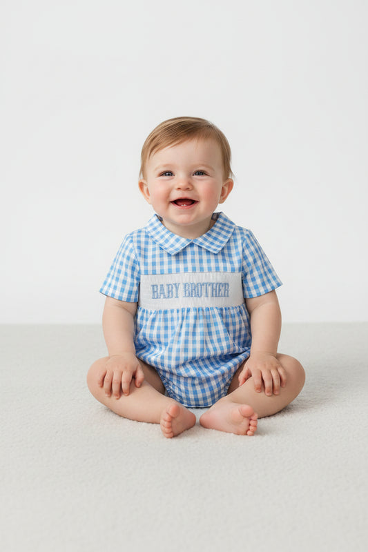 blue gingham baby brother smock bubble boy romper