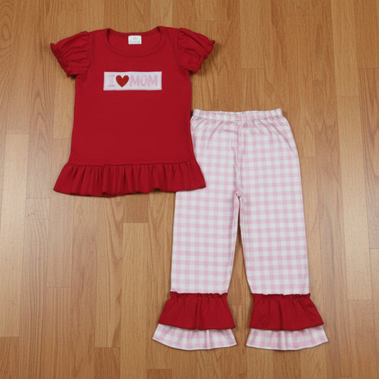 i love mom embroidery valentine girl pants set outfit