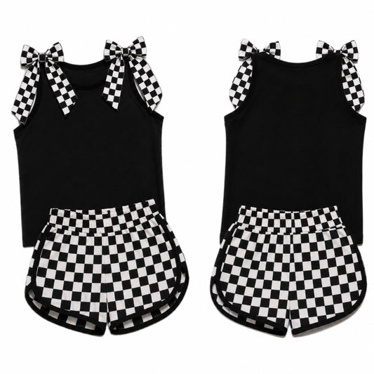 Custom order MOQ 3 black checkered bow shorts set