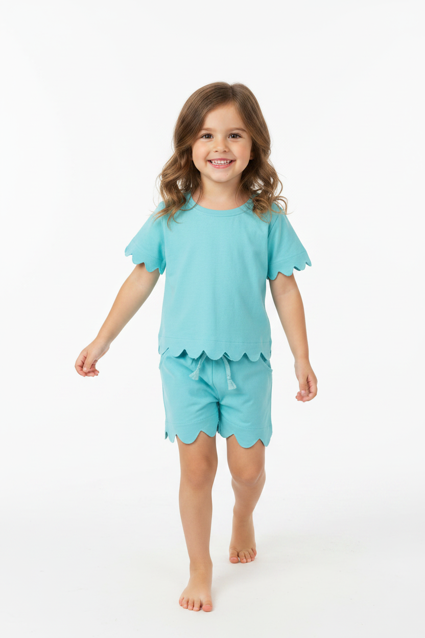 cotton blue scallop shorts set