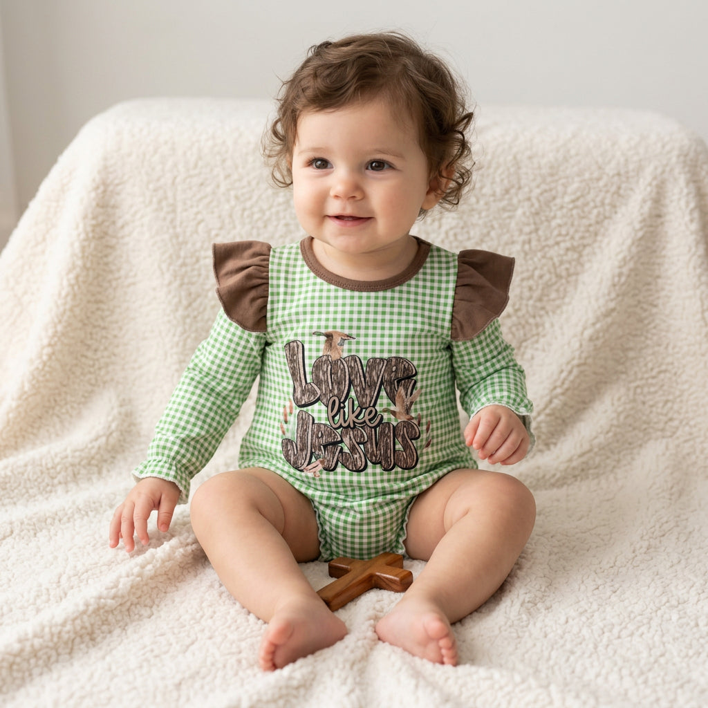 green gingham love like jesus girl romper