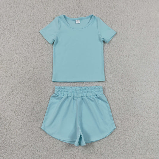 solid blue athletic shorts set sports yoga toddler girl clothing