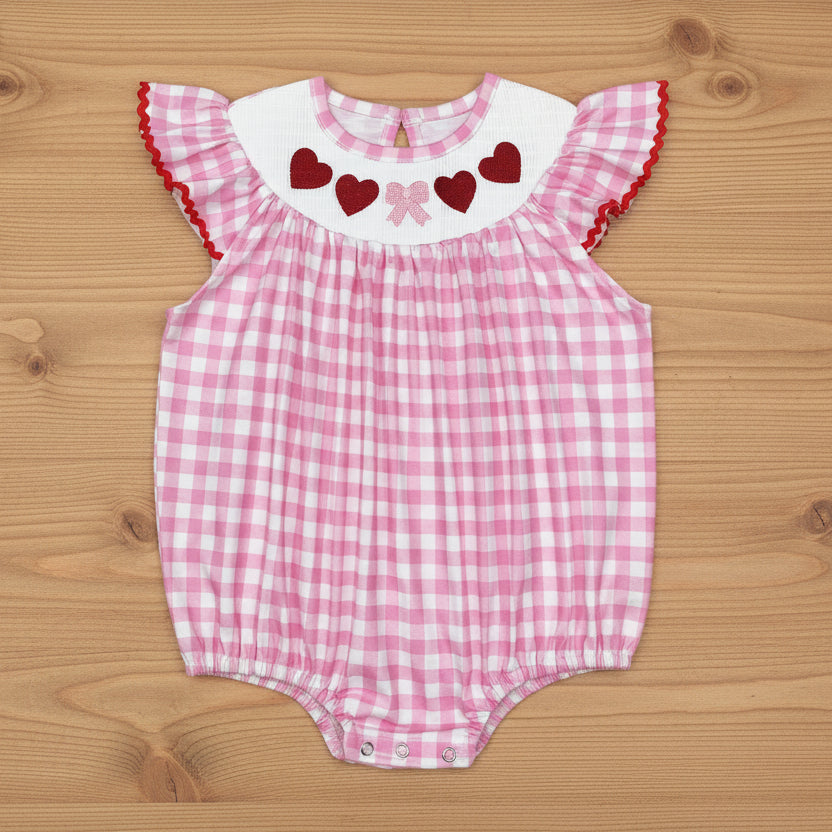 heart embroidery pink plaid bubble valentine clothes