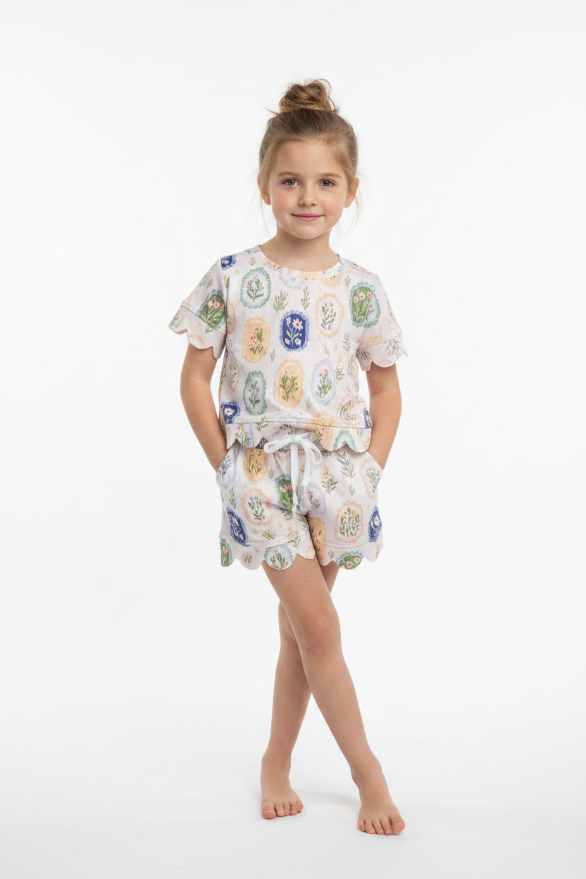 flower print short sleeve scallop shorts set