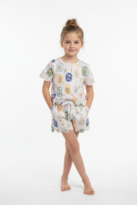 flower print short sleeve scallop shorts set