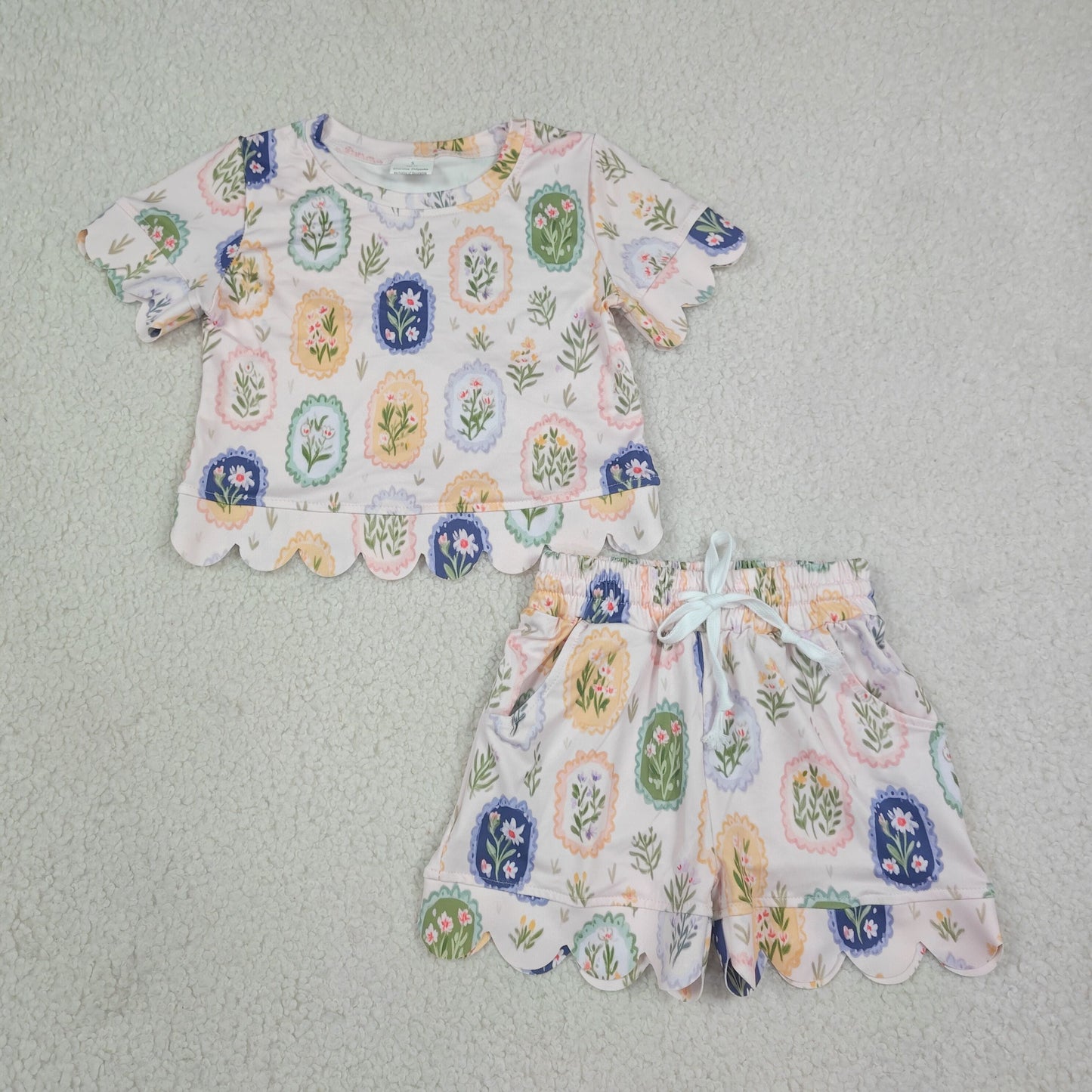 flower print short sleeve scallop shorts set