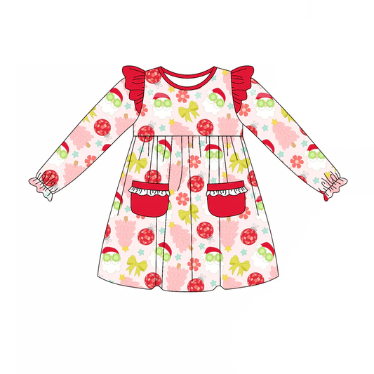 Custom Baby Girls Christmas Tree Santa Disco Pockets Ruffle Knee Length Dresses D 8.13
