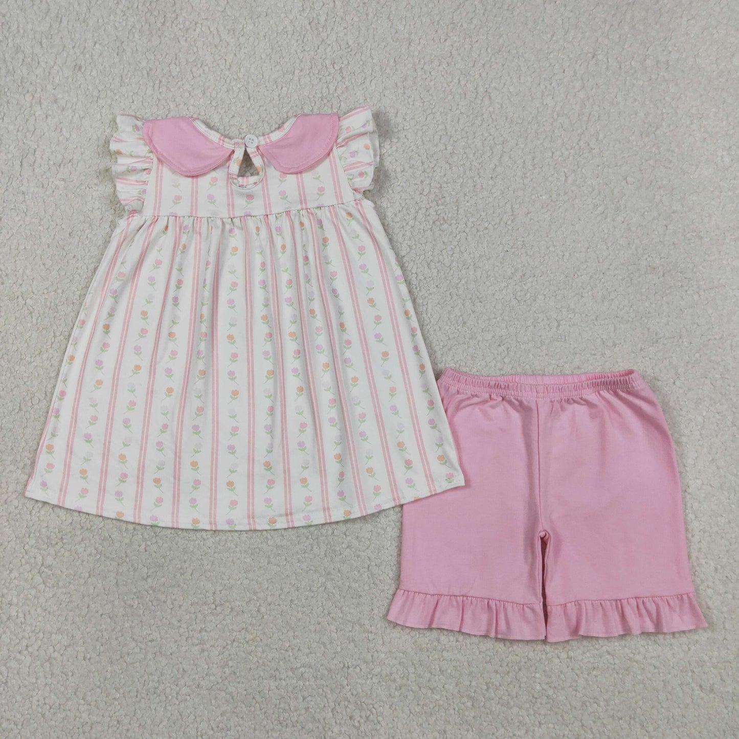 pink stripes floral scallop collar girl shorts set children clothes