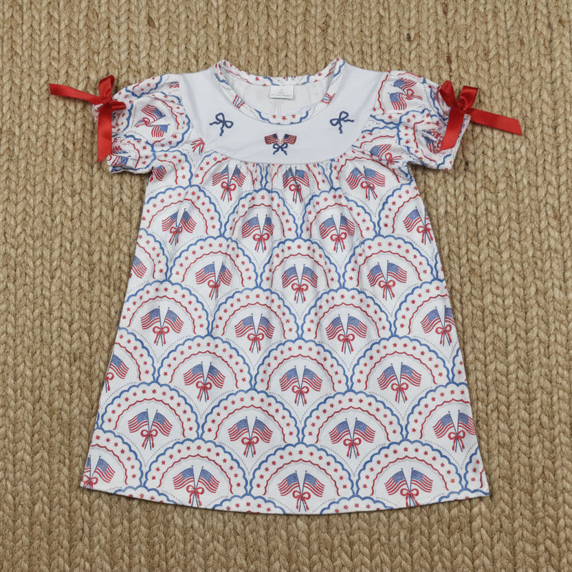 short sleeve embroidery flag bow 4th of july dresses