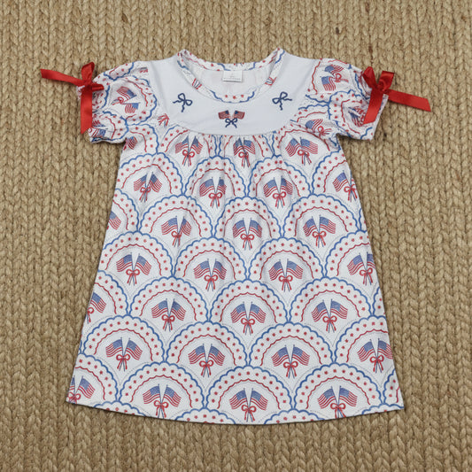 short sleeve embroidery flag bow 4th of july dresses