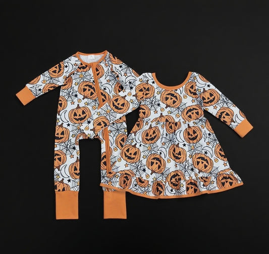 Sibling Baby Girls Ghosts Pumpkins Halloween Zipper Footed Romper Knee Length Dress D 901