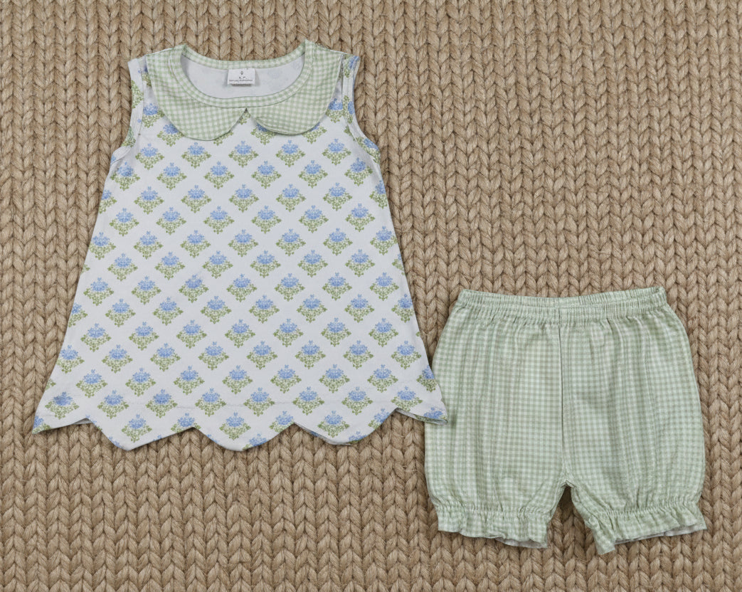 collared blue flower scallop bloomer outfit
