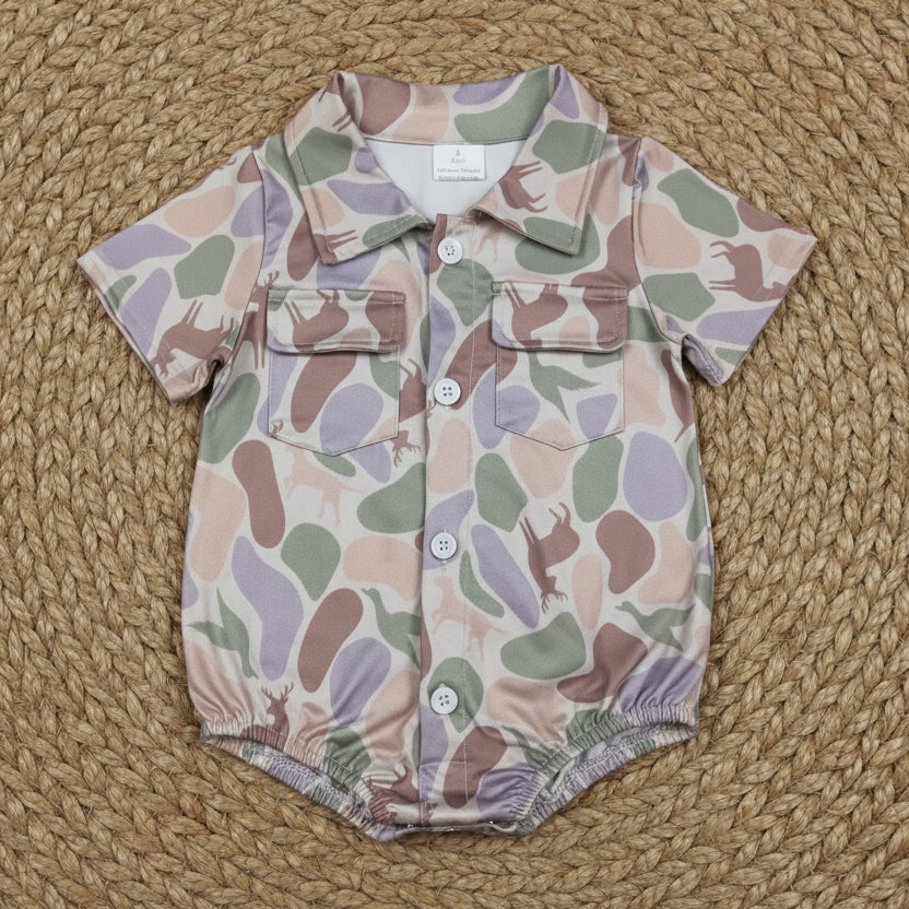 camo hunting print button down pocket bodysuit romper