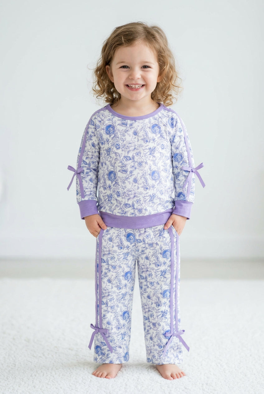 long sleeve purple flower sweatershirt pants outfit girls outfit for fall
