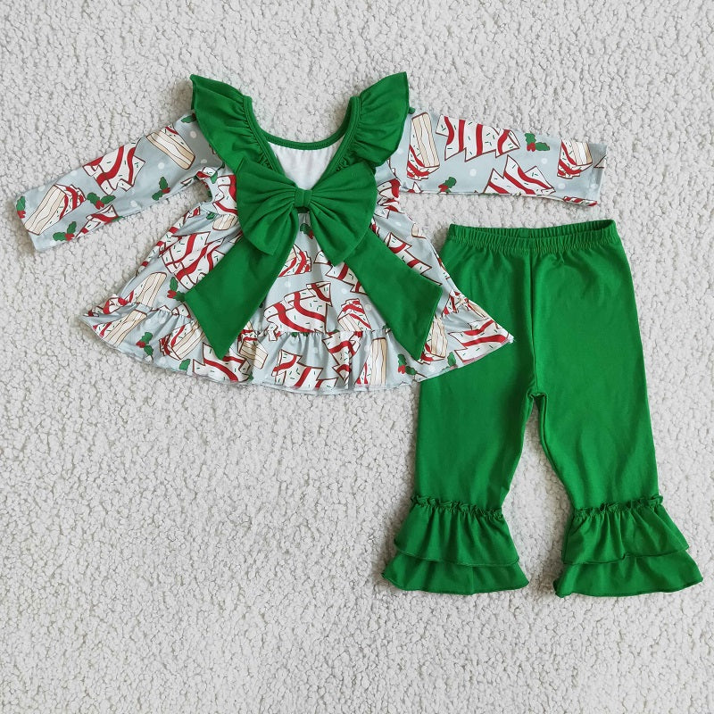 6 A0-12 Tree green bow top and trousers Christmas cake suit