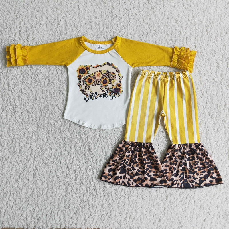 6 A0-3 wild and free sunflower bezoar and white stripes + leopard pants set