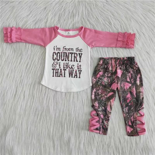 6 A10-12 Pink Long Sleeve Camouflage Crossover Tie Pants Set