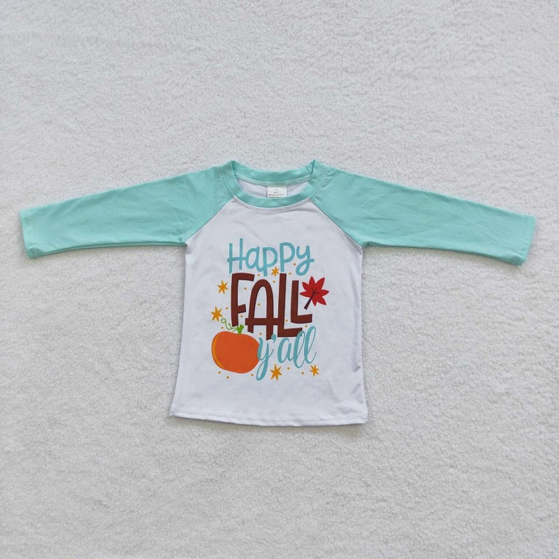 6 A11-11 Pumpkin Maple Letter Green Long Sleeve Top