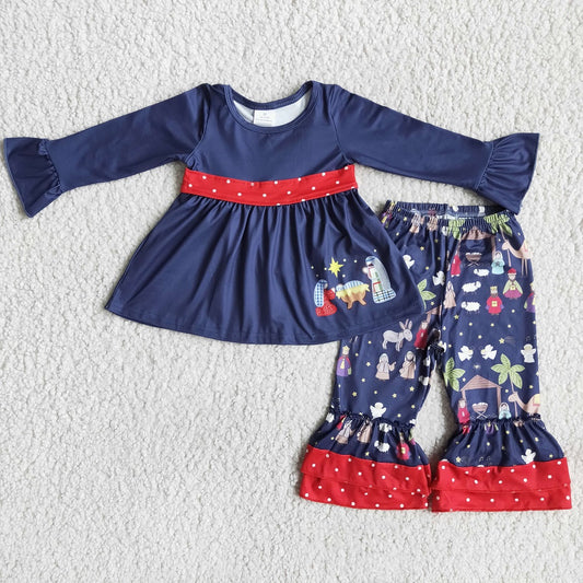 6 A12-17 Girls Blue Long Sleeve Jesus Christmas Pantsuit