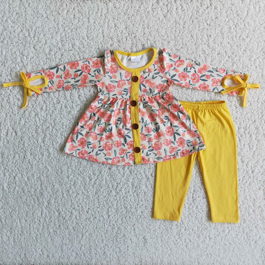 6 A17-20 Flower button yellow pants long sleeve suit