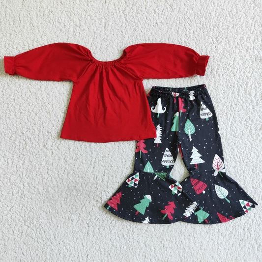6 A24-5 Red Long Sleeve Top Christmas Pants Set