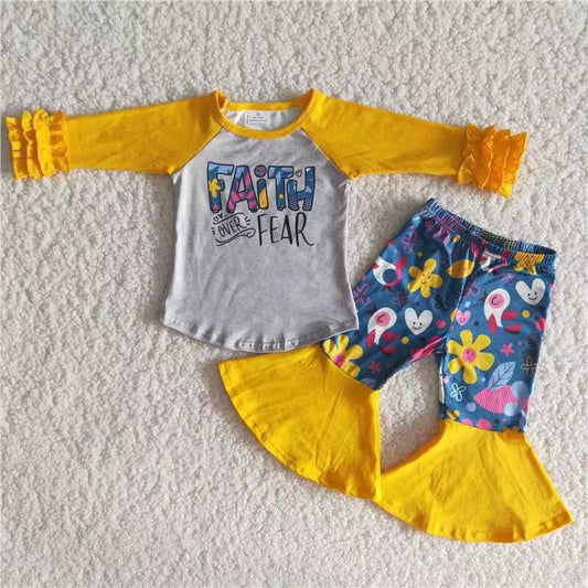 6 A25-4 Yellow long-sleeved patchwork flared pants suit
