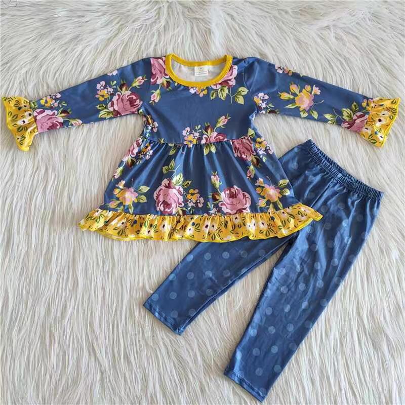 6 A26-15 Blue flower yellow edge polka dot pants suit