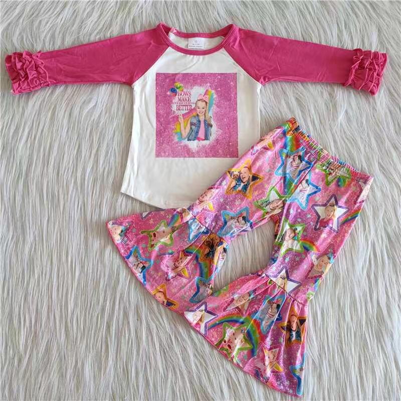 6 A26-5 Rose Red Star Flared Pants Set