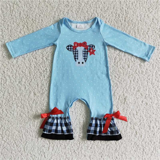 6 A27-2-1 Bow Plaid Bull Head Blue Long Sleeve One Piece