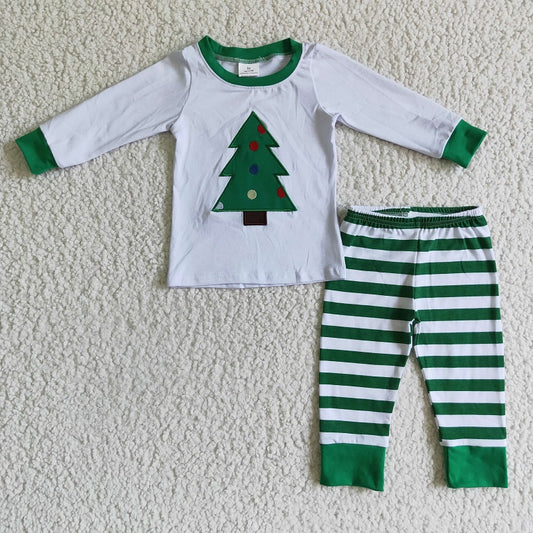 6 A28-15 Boys Embroidered Christmas Tree Long Sleeve Striped Cotton Pajamas