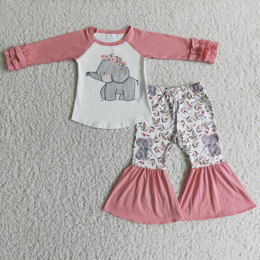 6 A28-18 Elephant and floral pink long-sleeved bell bottoms suit