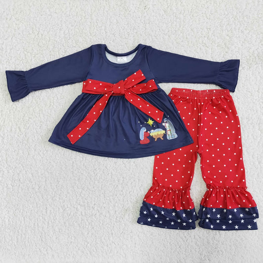 6 B1-2  Girls Blue Navy Jesus Top Red Polka Dot Trousers Set